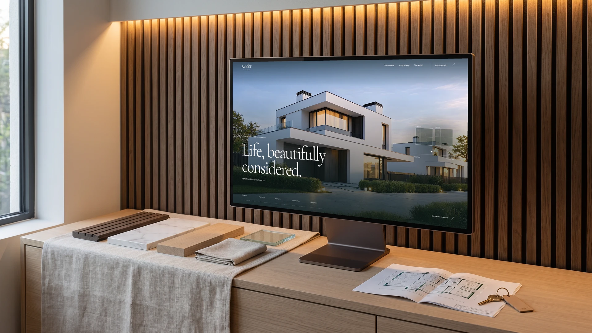 Illustrative AI-generated mockup: the Sander Residences homepage on a bronze-framed monitor in front of an oak slat wall, beside five material samples on linen, a floor plan and a house key.