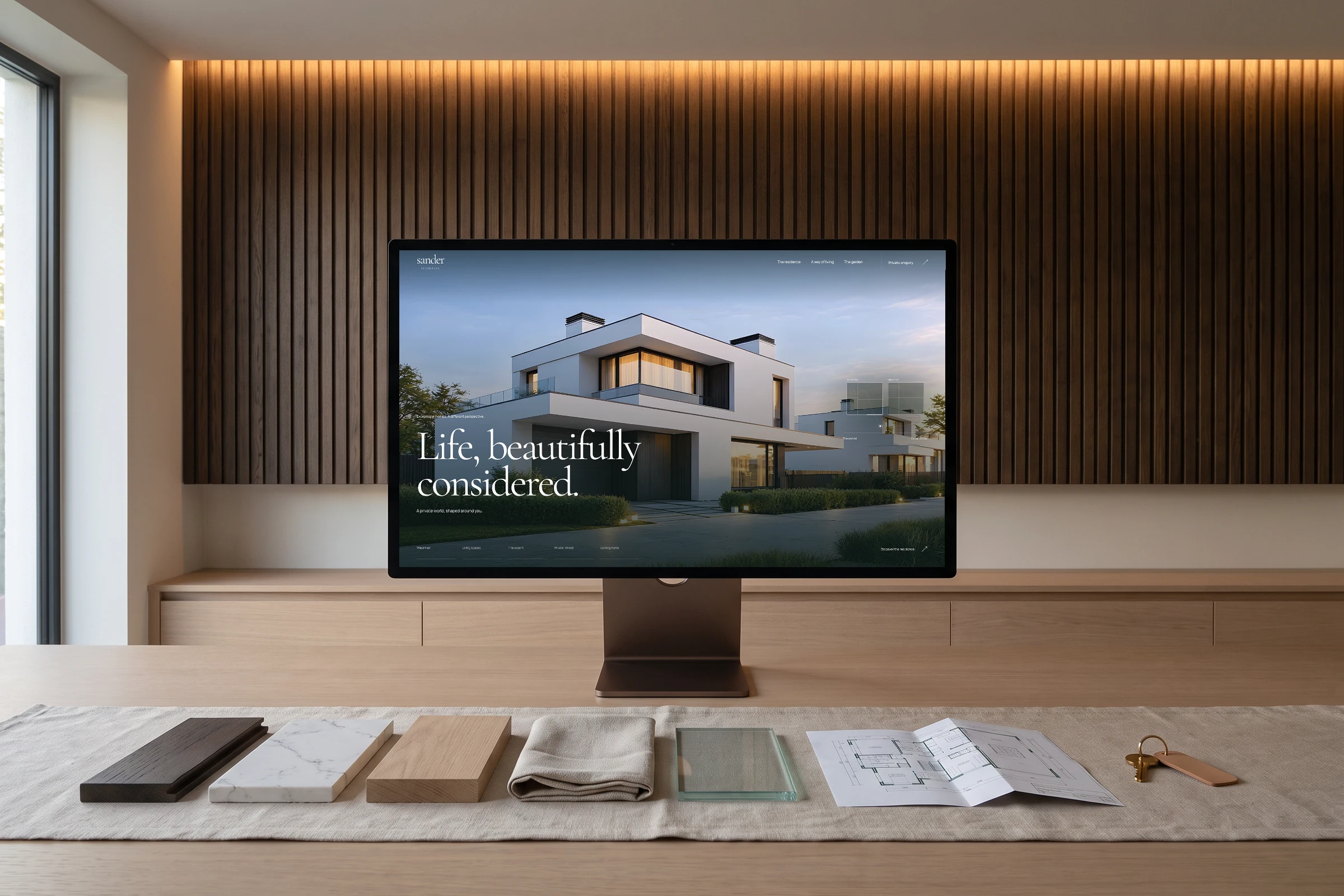 Illustrative mockup: the Sander homepage on a centred monitor in a quiet room with an oak slat wall, material samples, a floor plan and a key on a linen runner.