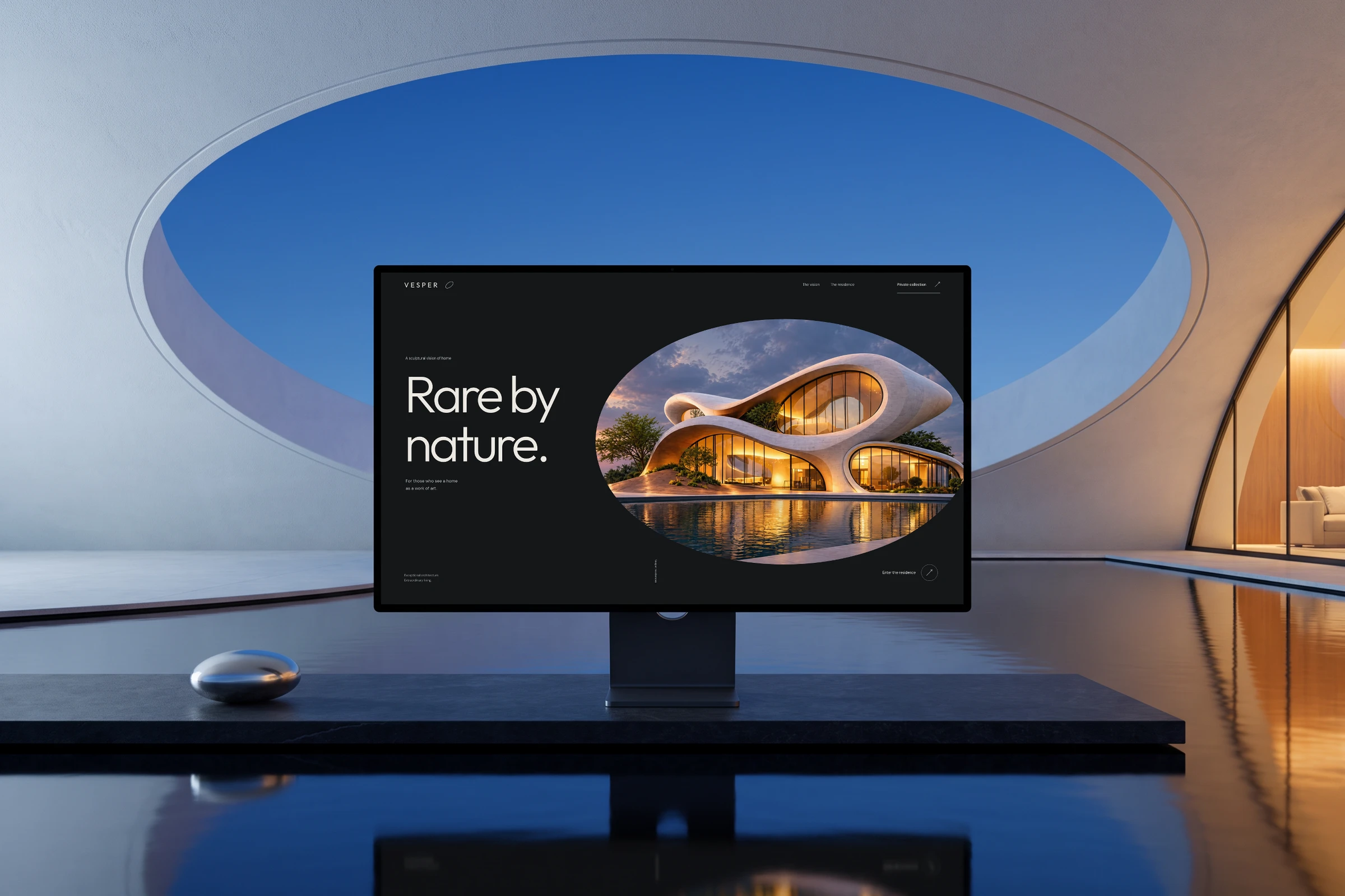 Illustrative mockup: the Vesper homepage on a centred monitor under a large oval opening to a blue night sky, on black stone above still water.