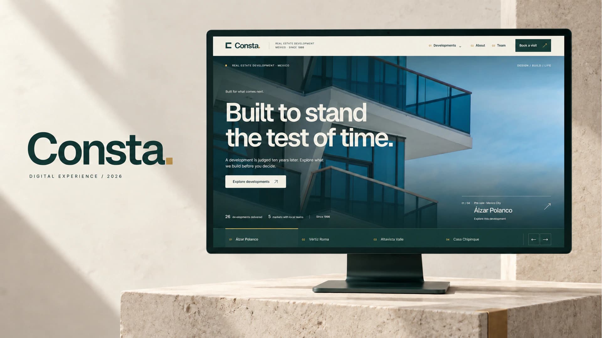 AI-assisted editorial mockup of the Consta website on a petrol monitor above a limestone plinth.