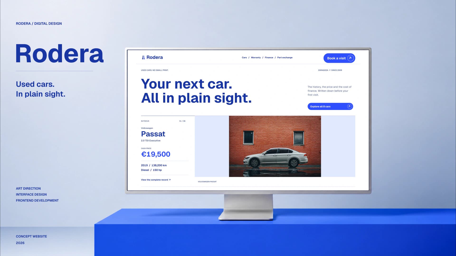 Rodera identity and English homepage presentation on a silver monitor in an editorial blue studio.