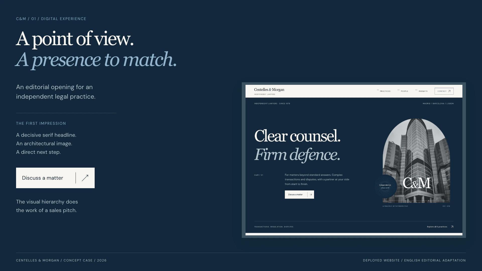 The redesigned English homepage: a large Georgia headline, an arched architectural image and a direct enquiry action.