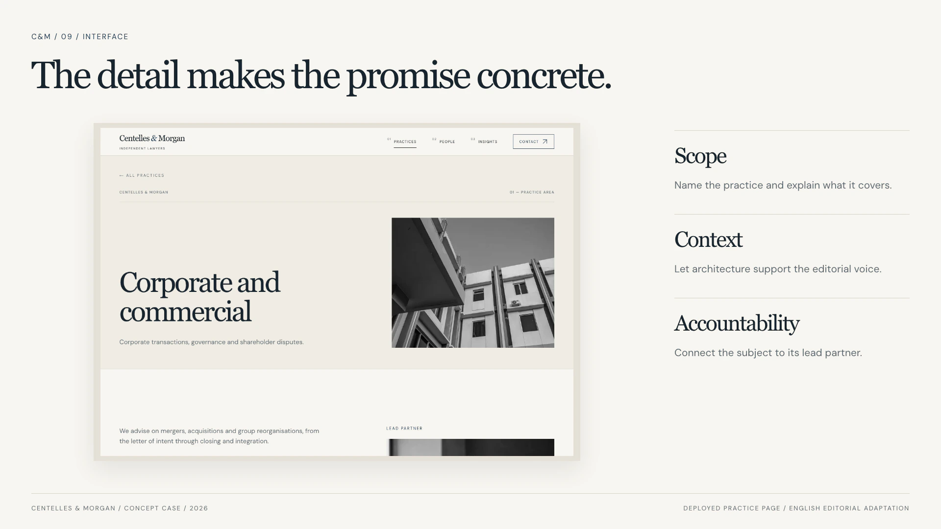 The corporate and commercial practice page, with a serif title, architectural photograph and the start of its scope and lead-partner content.