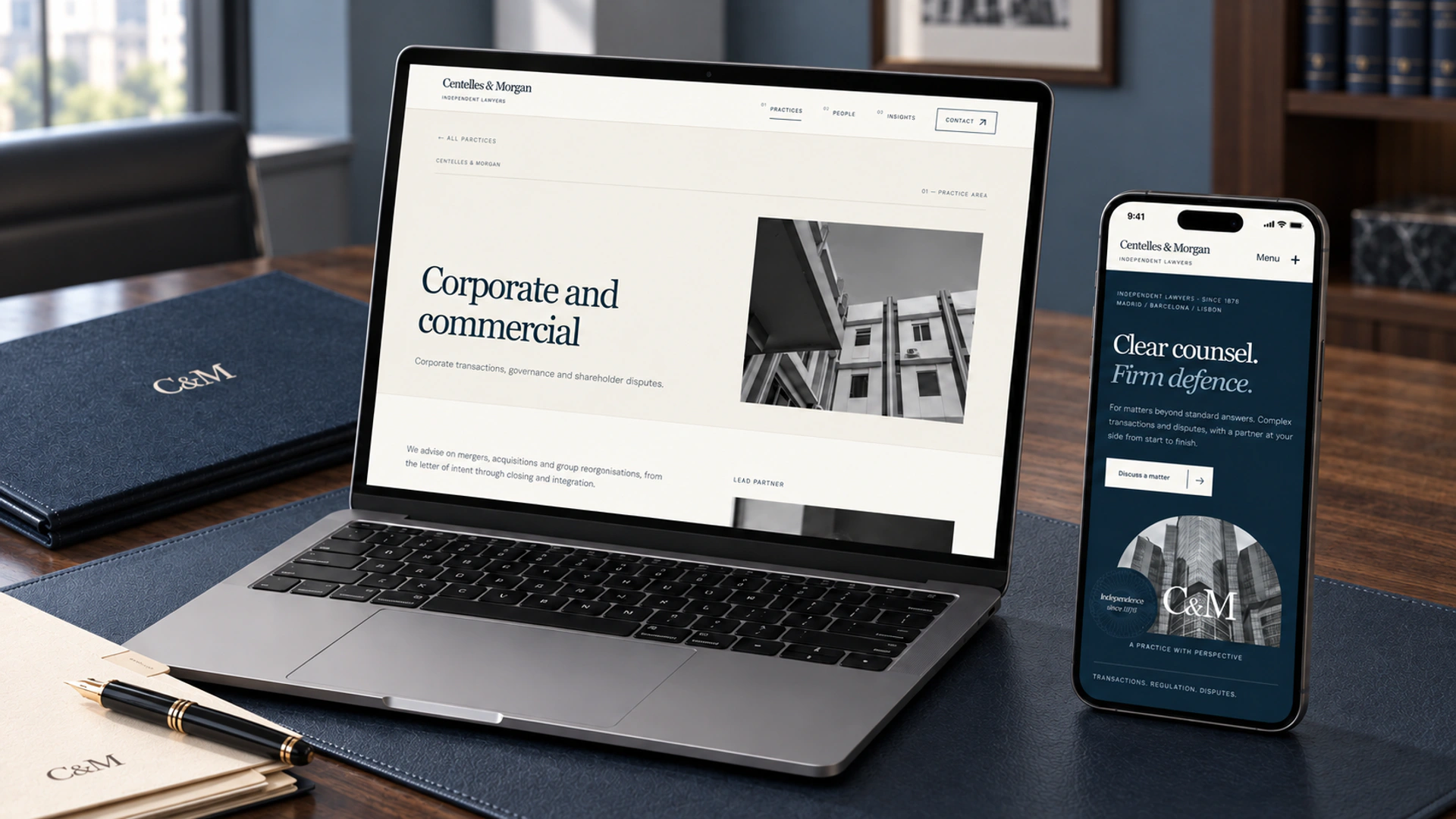 A laptop showing the corporate practice page and a separate phone showing the mobile homepage, on a walnut desk with a navy case file and ivory stationery.