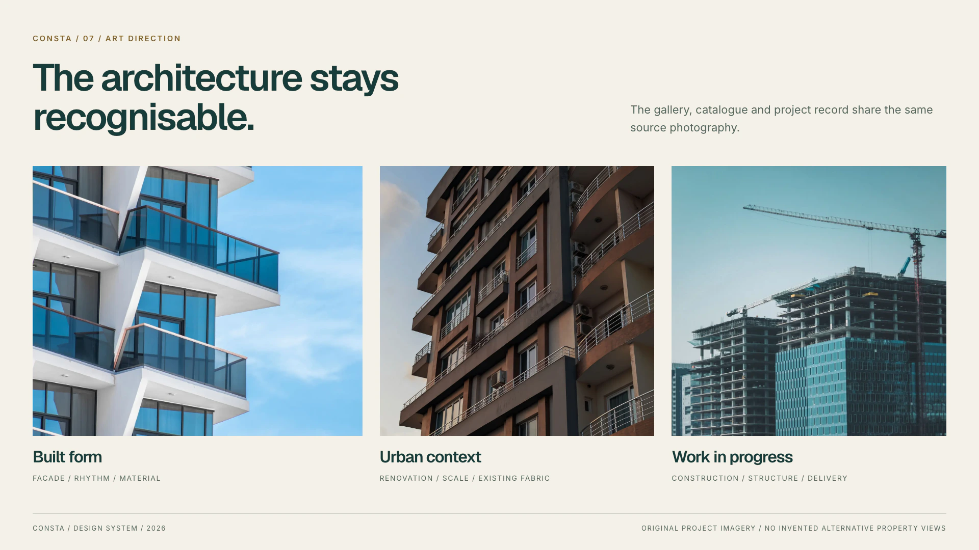 Source photographs document built form, urban context and construction.