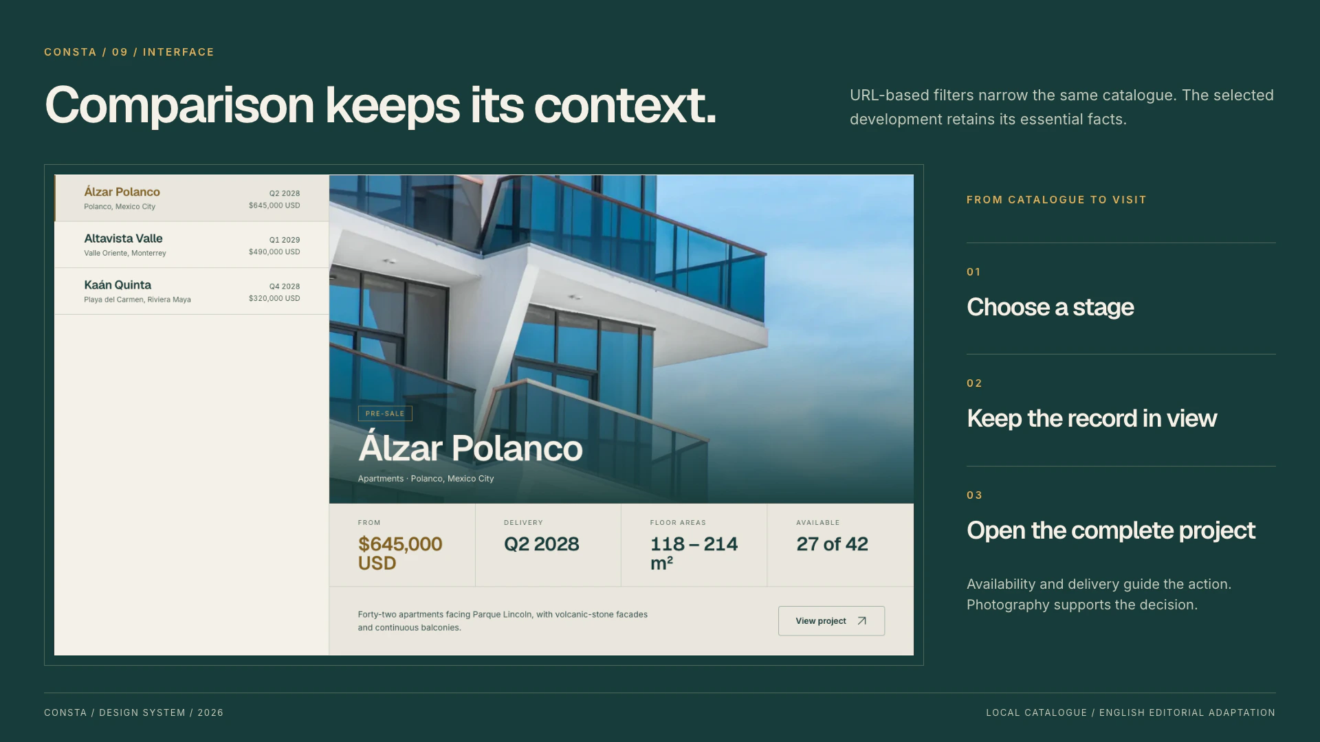 The filtered pre-sale catalogue, showing a complete property summary and route to its detail page.