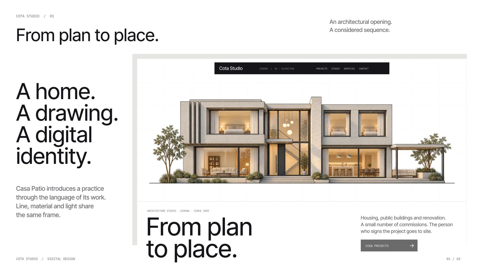 English editorial homepage with Casa Patio in pearl concrete, illuminated rooms, compact dark navigation and the headline From plan to place.