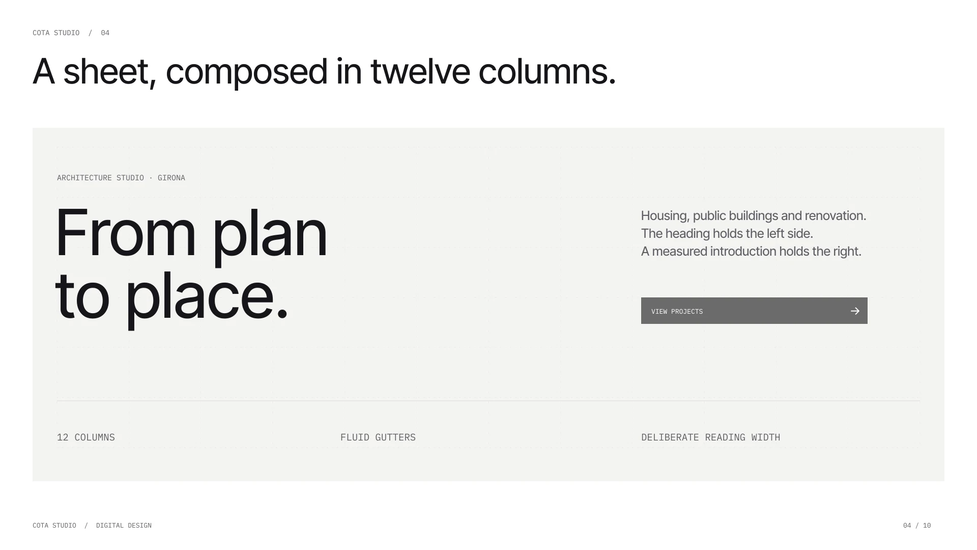 A twelve-column editorial composition with a large heading, measured copy and fluid space.