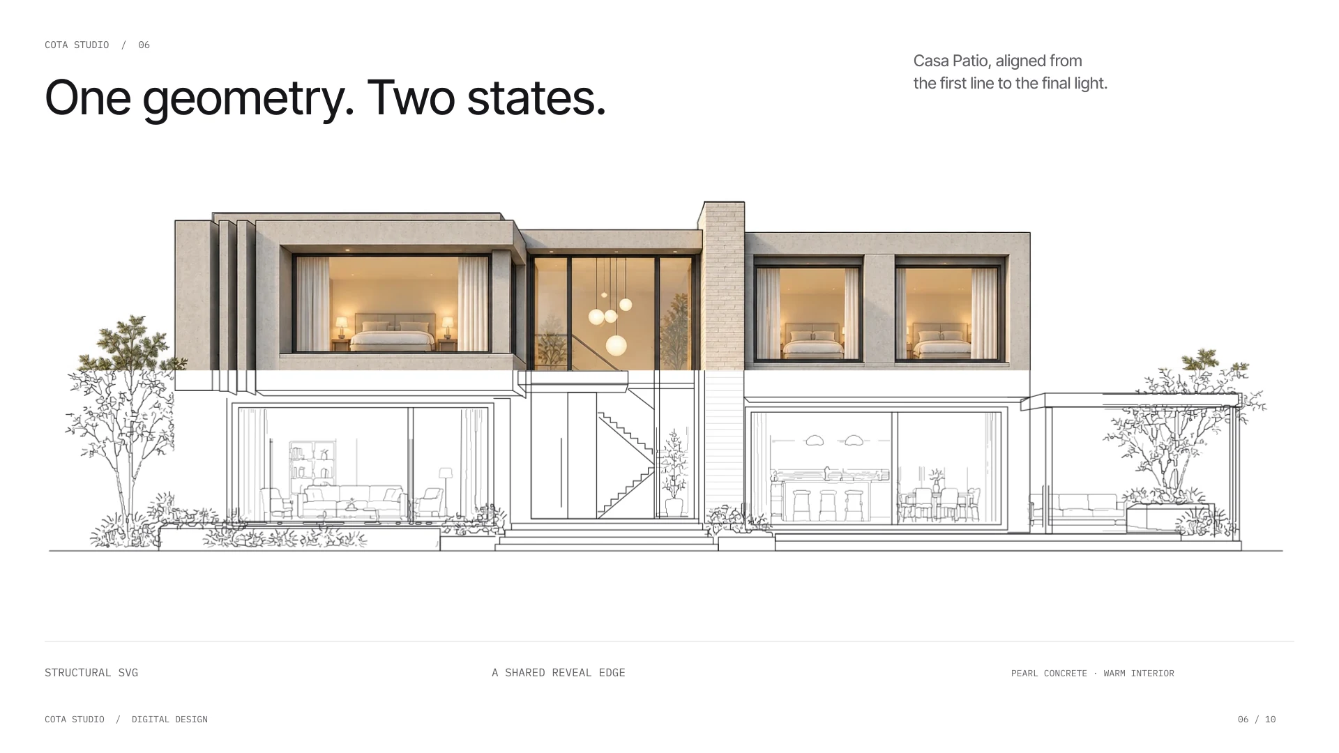 Casa Patio halfway through the reveal: finished architecture above, aligned structural drawing below.