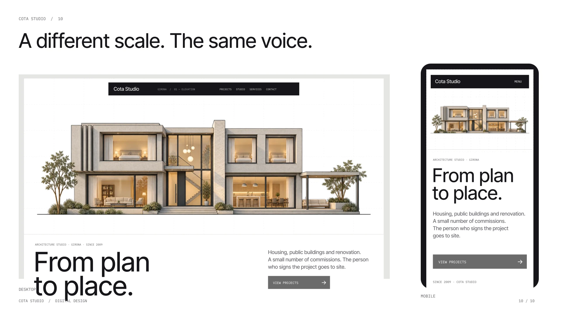 Separate desktop and mobile editorial views of the current Casa Patio homepage.