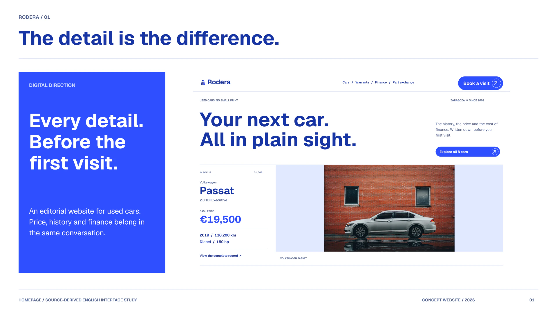 Rodera homepage interface study in English, with a bold two-line heading, original Passat photograph and a separate vehicle-price ledger.