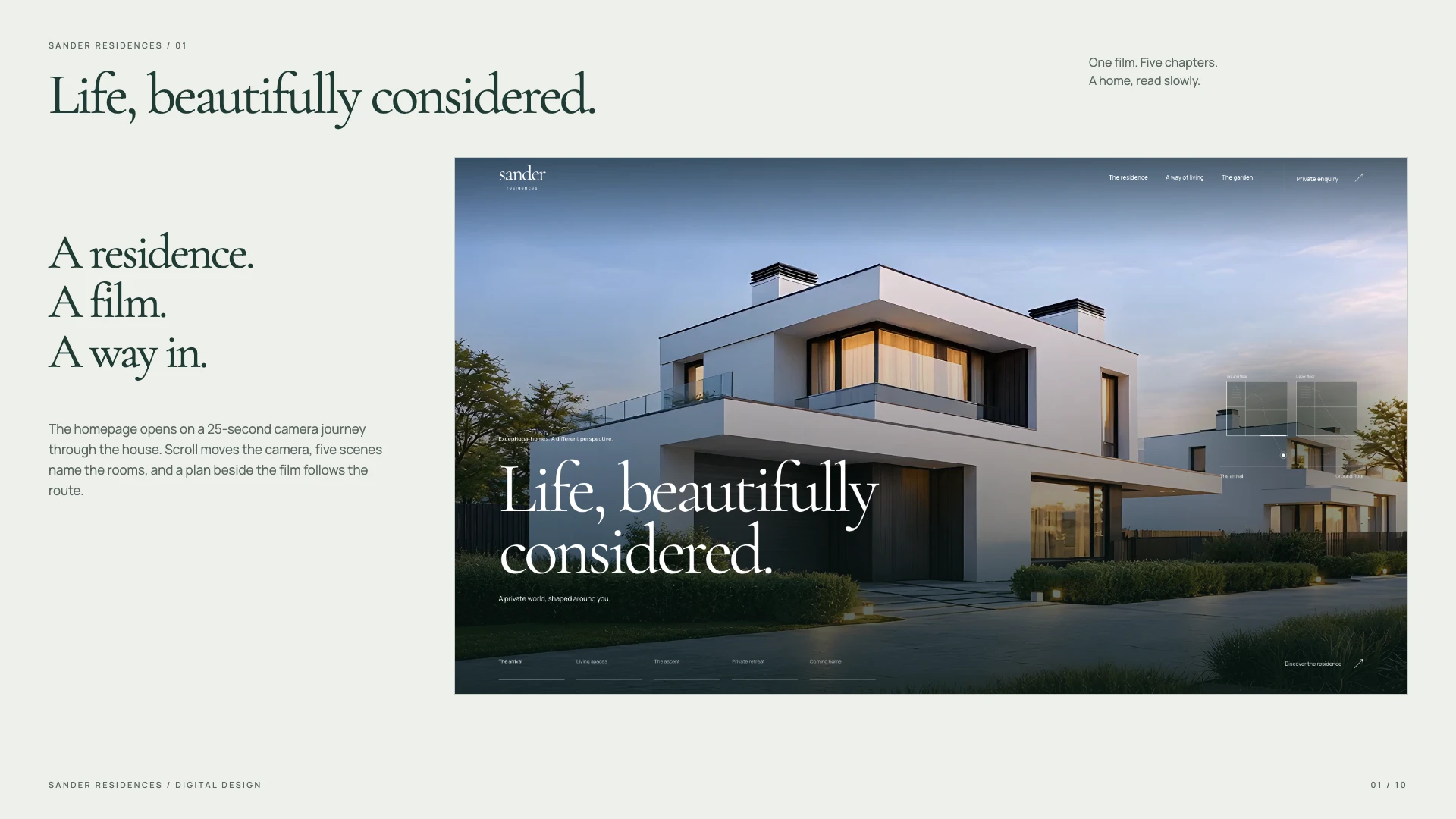 Sander homepage on desktop: the white modernist house at dusk, the headline Life, beautifully considered, and the plan of the residence on the right.