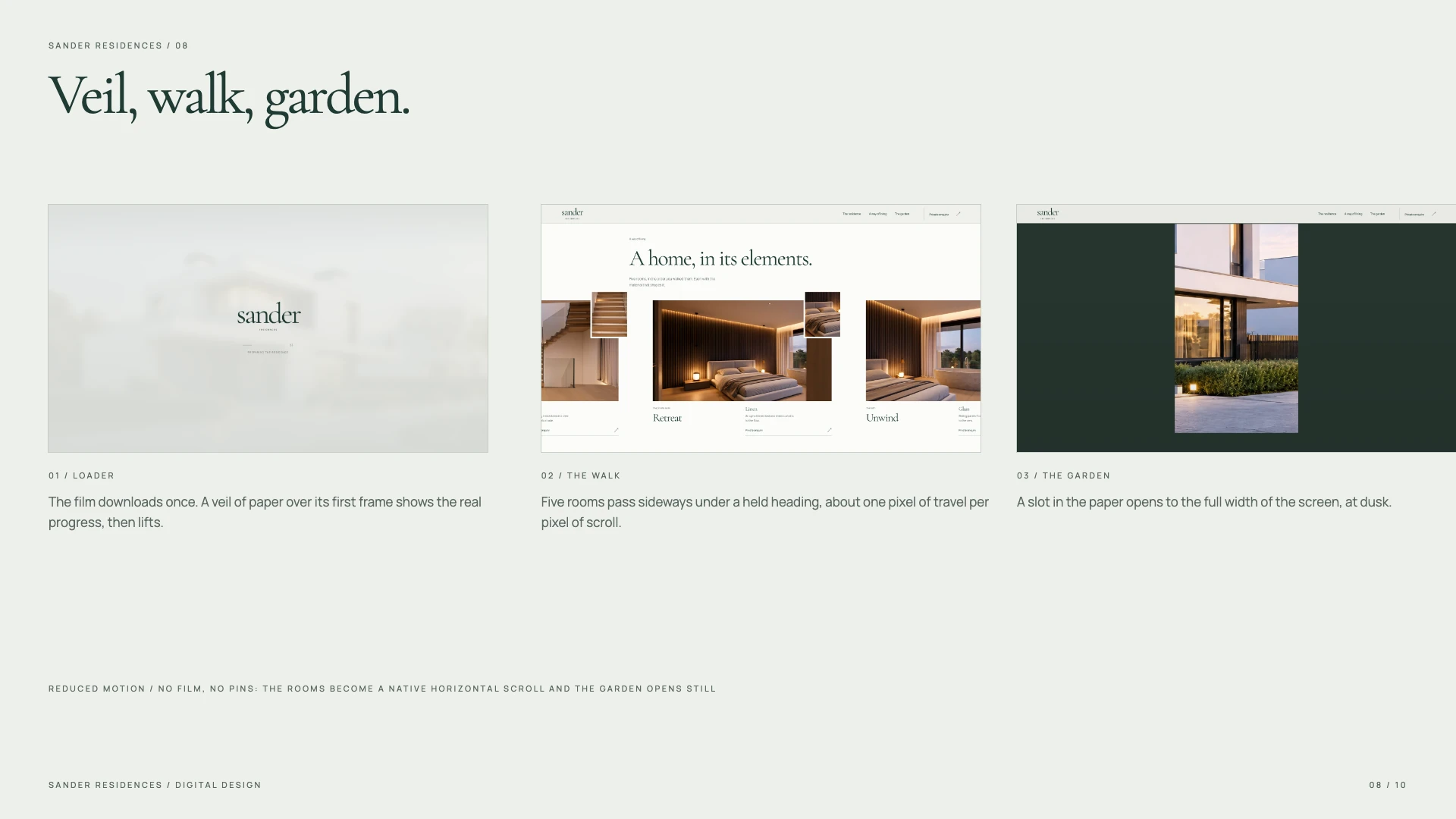 Three motions: the loader veil, the walk through the rooms and the garden opening from a slot.
