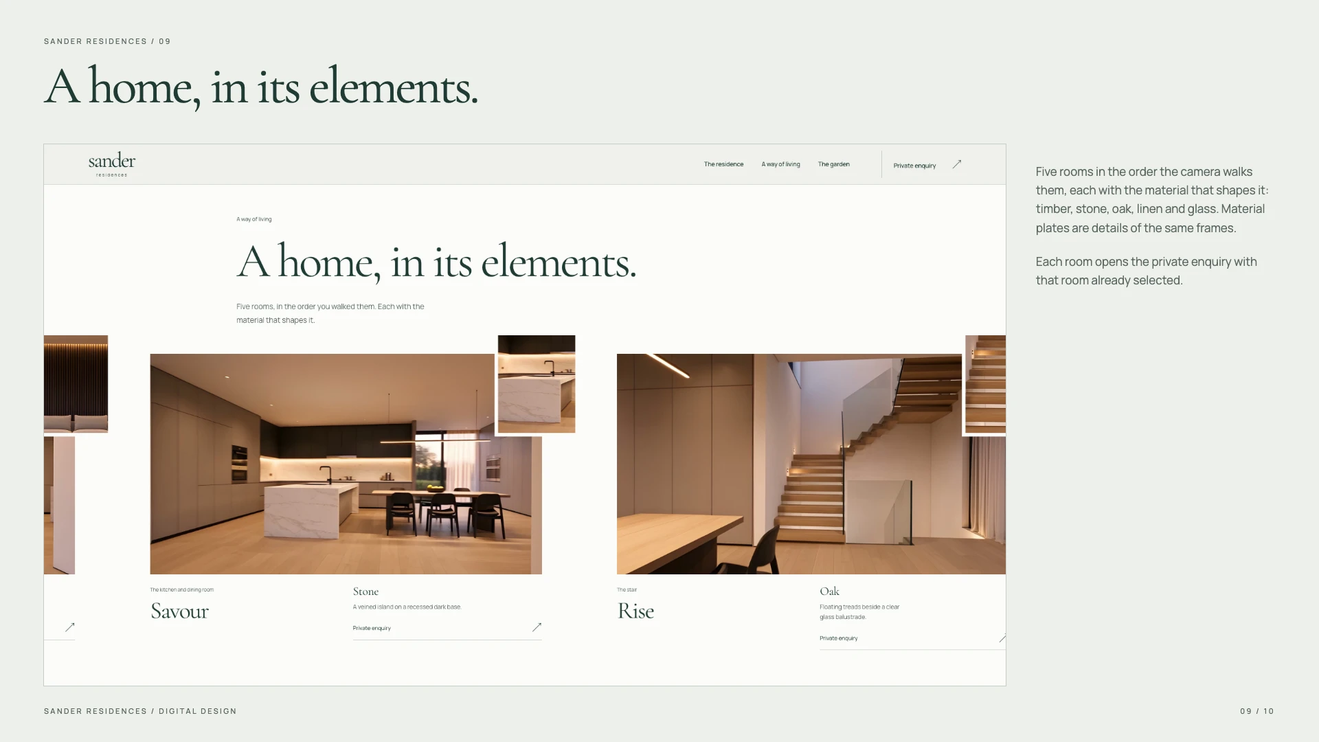 The walk through the rooms on desktop: A home, in its elements, with the kitchen and the stair, each with a material plate and a caption.