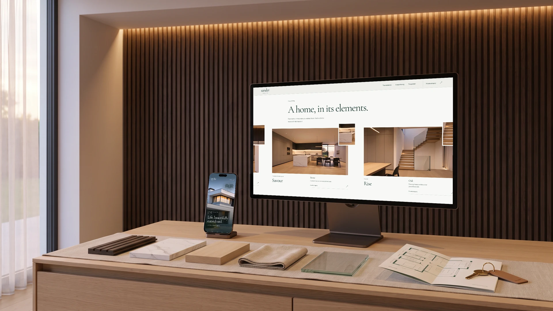 Illustrative closing mockup: the walk through the rooms on a monitor and the opening on a phone, on an oak console with material samples, a floor plan and a key.