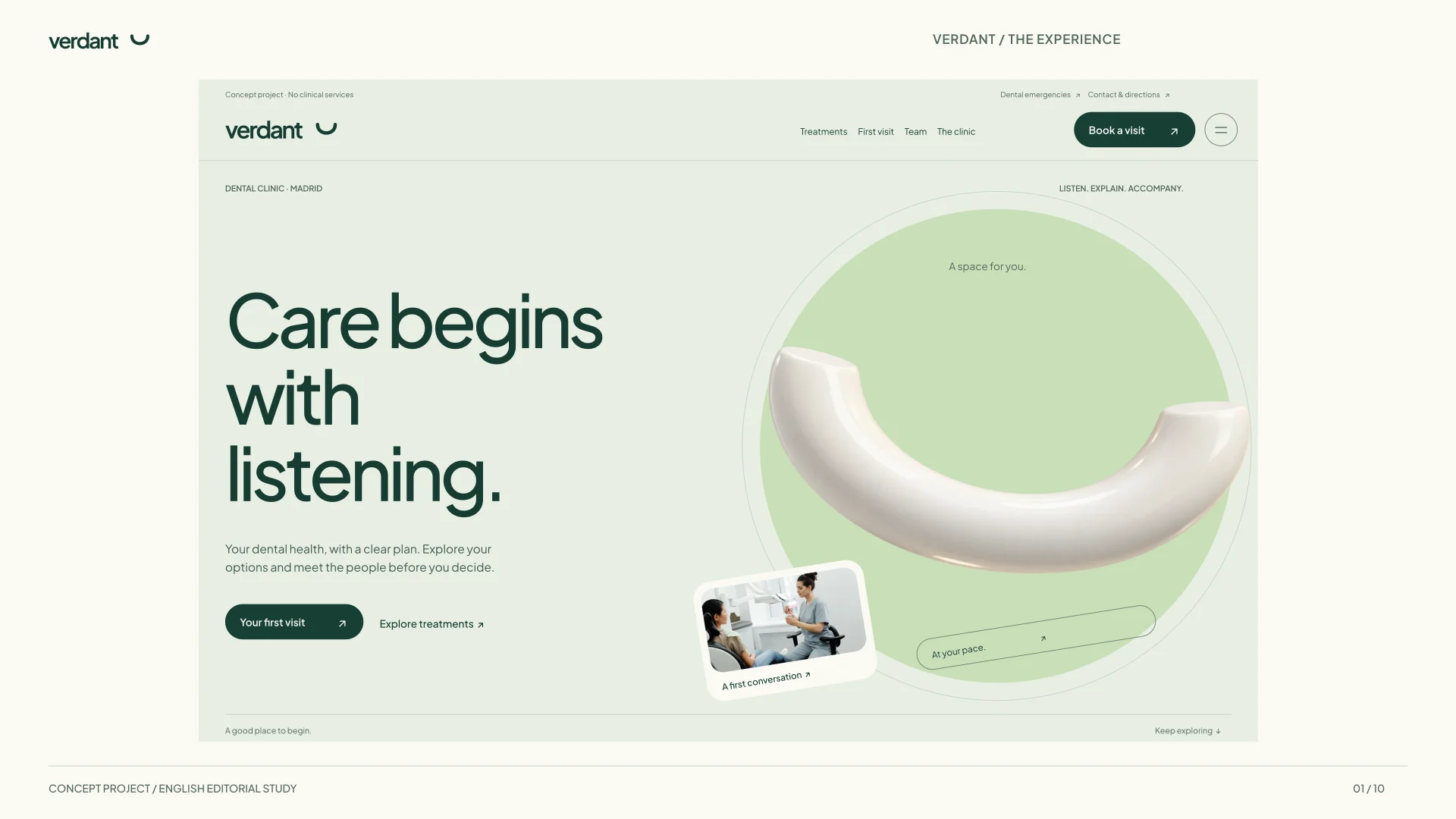 Verdant homepage in English: navigation integrated into the hero, open headline, porcelain smile and a first conversation as the primary action.
