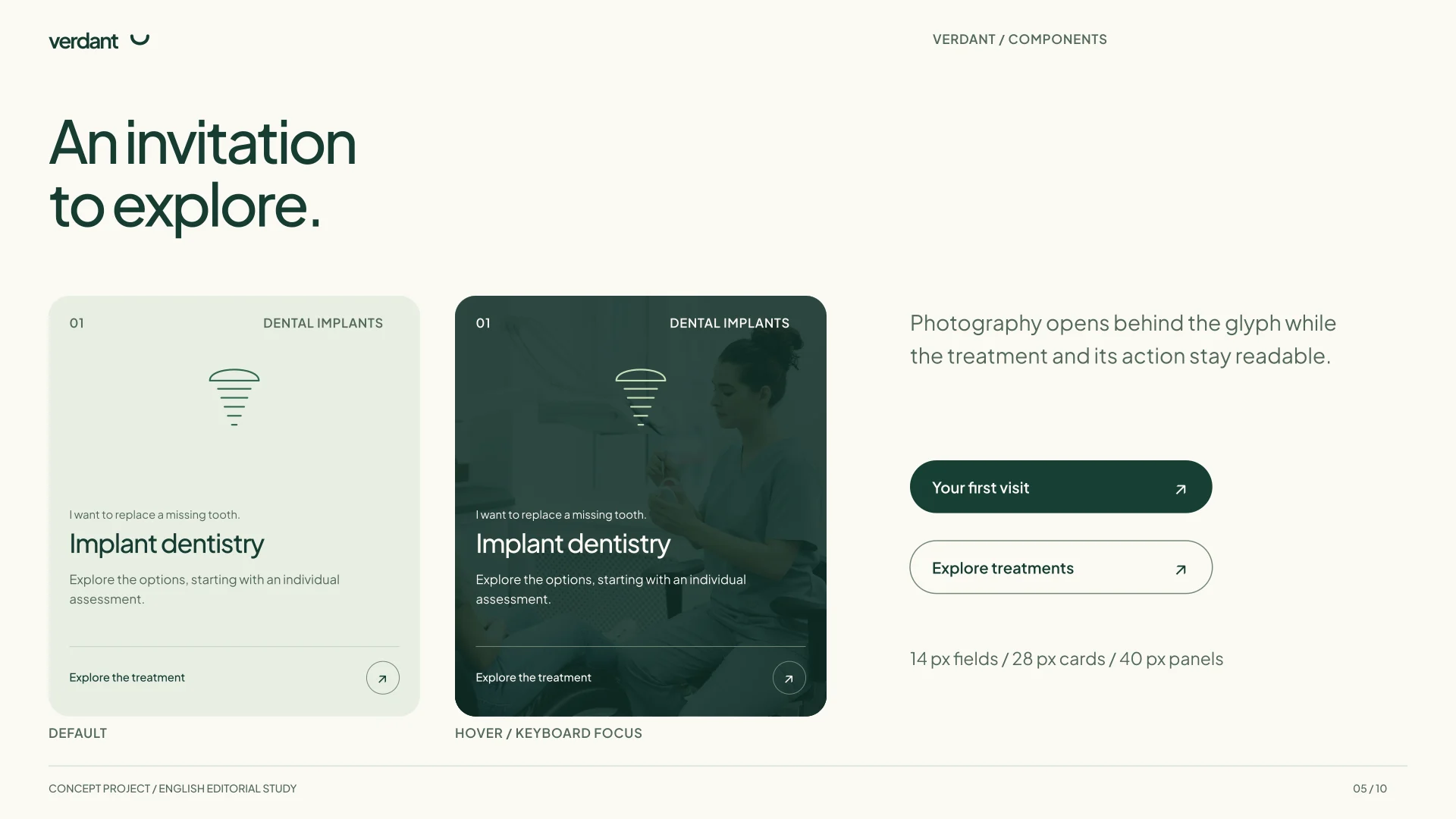 Treatment card in its default and photographic hover or focus states, rounded actions and the system radius scale.