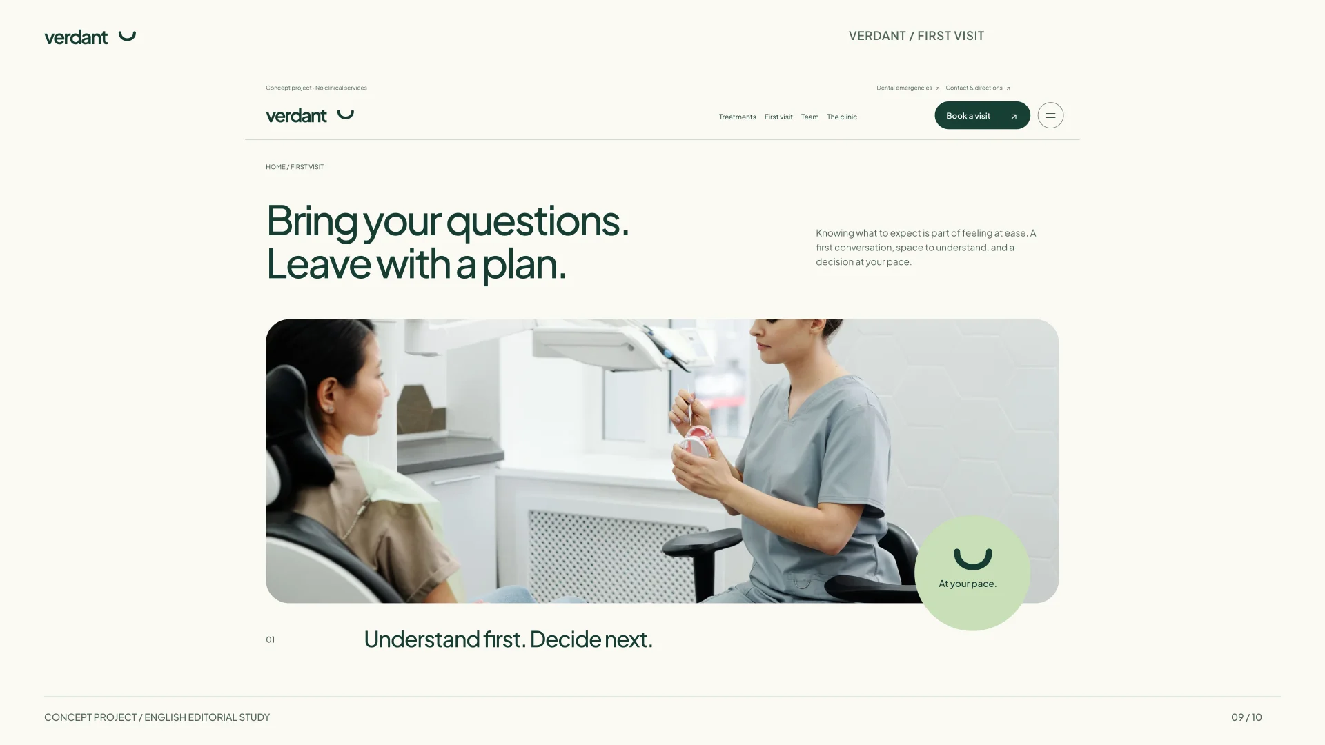 English first-visit page with Bring your questions. Leave with a plan., a consultation photograph and an At your pace seal.