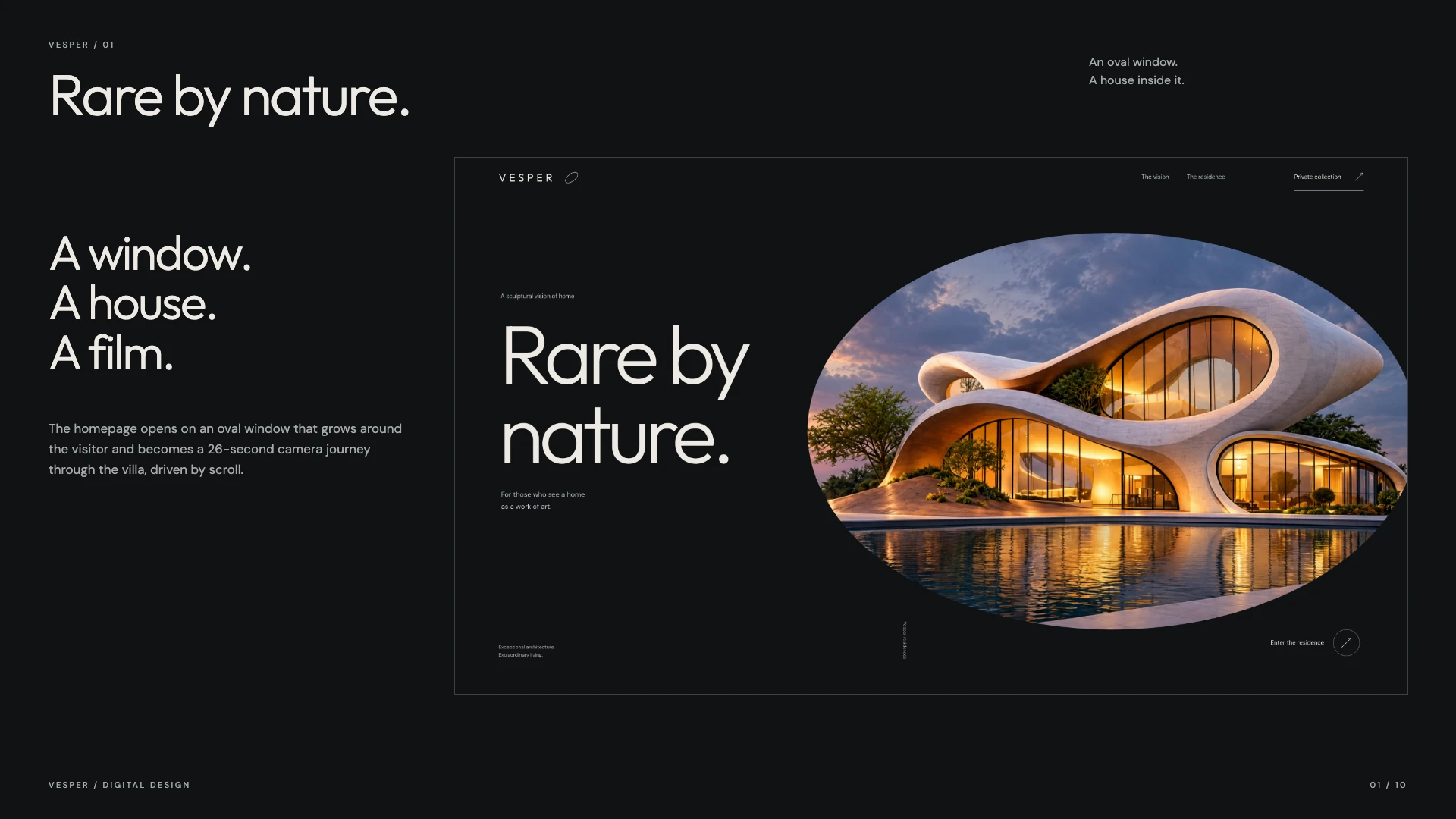 Vesper homepage on desktop: the headline Rare by nature on a black page, beside the villa and its pool inside a large oval window.
