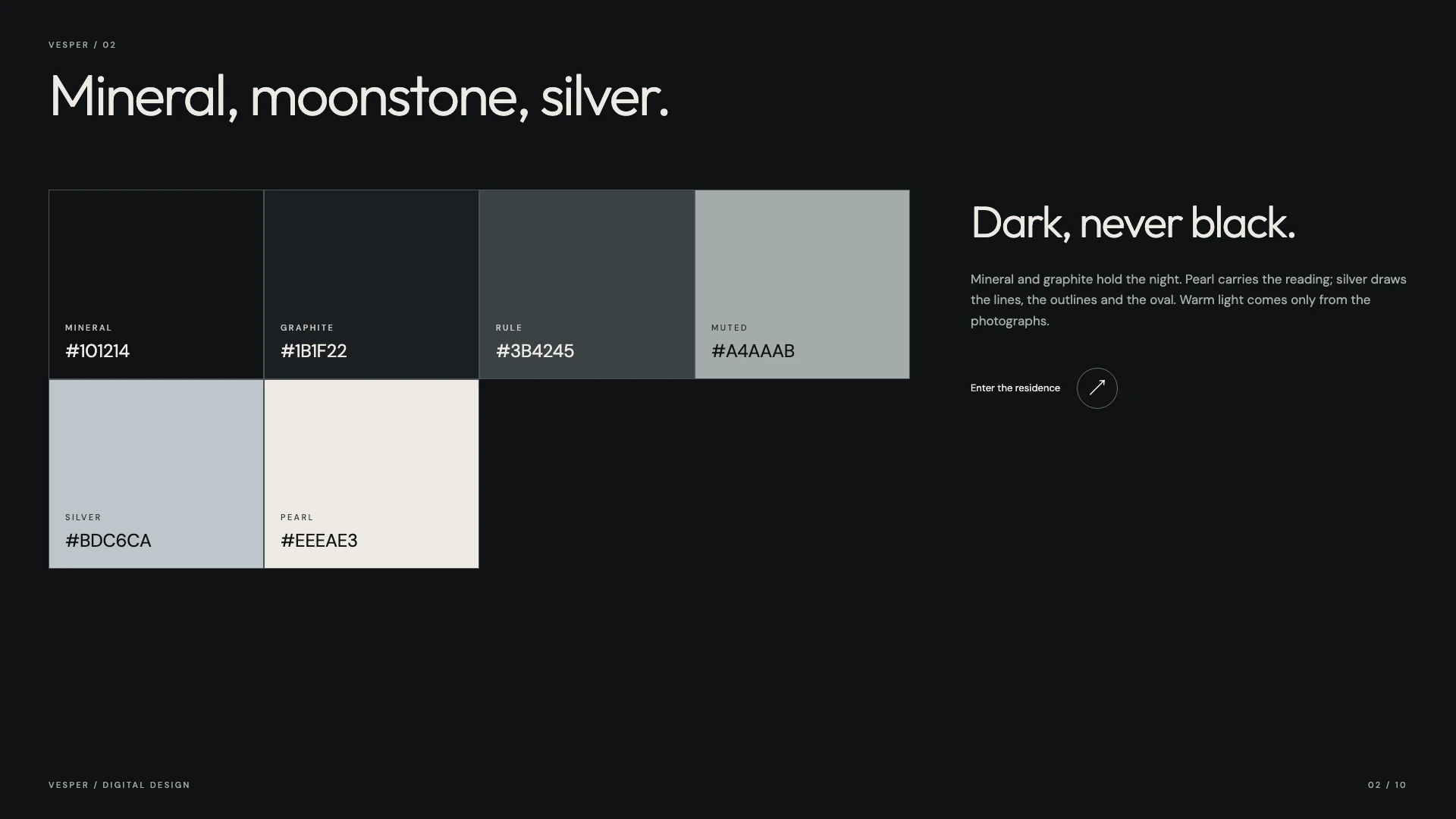 Palette of mineral, graphite, rule, muted, silver and pearl, with a round silver arrow.