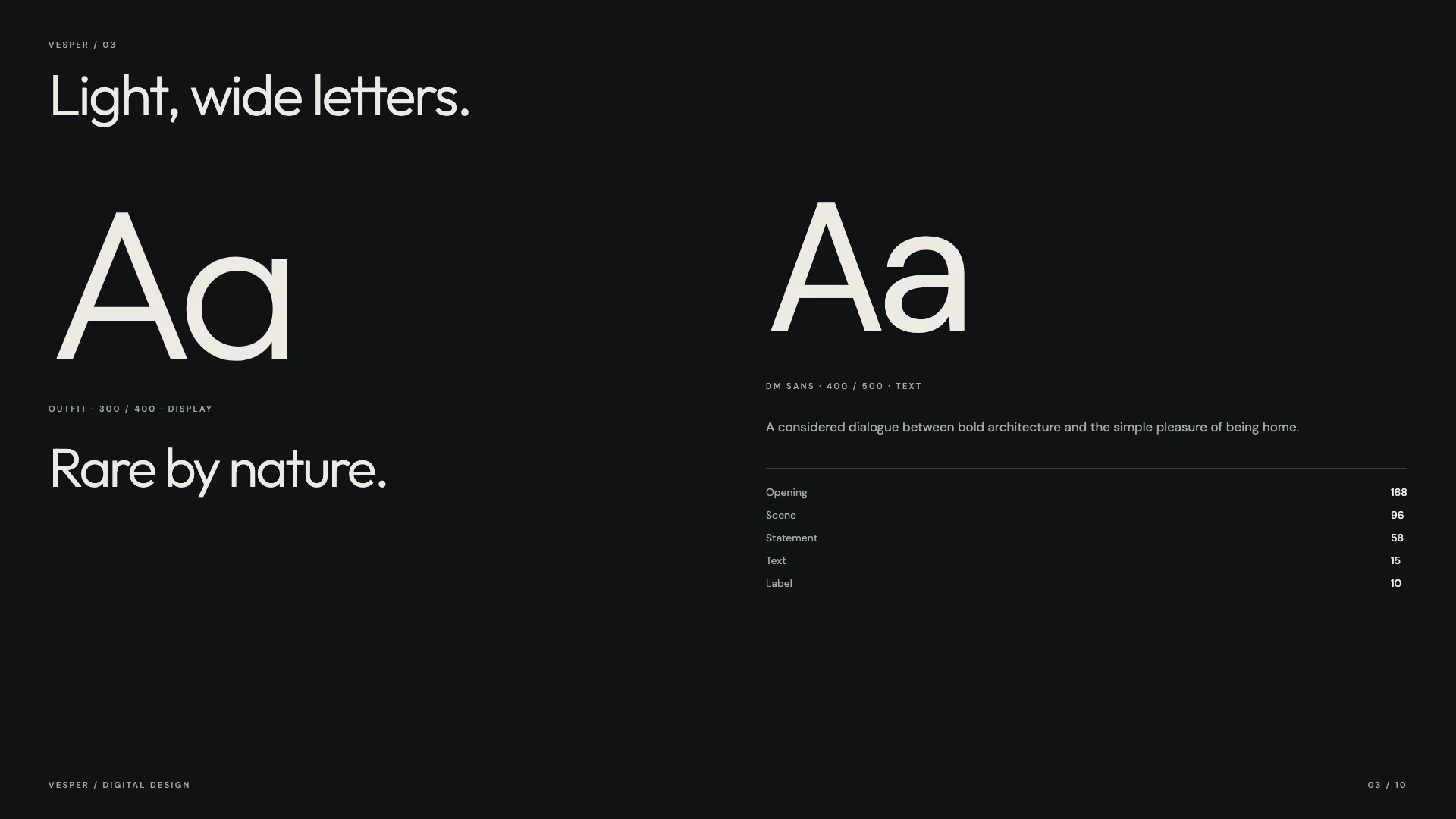 Outfit in its light weight for headings and DM Sans for text, with the scale from the opening to labels.