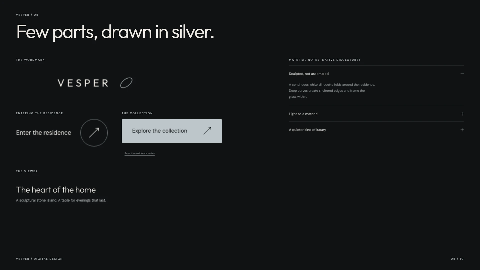 Real components: the header, entering the residence, the collection actions, the viewer and the material notes.