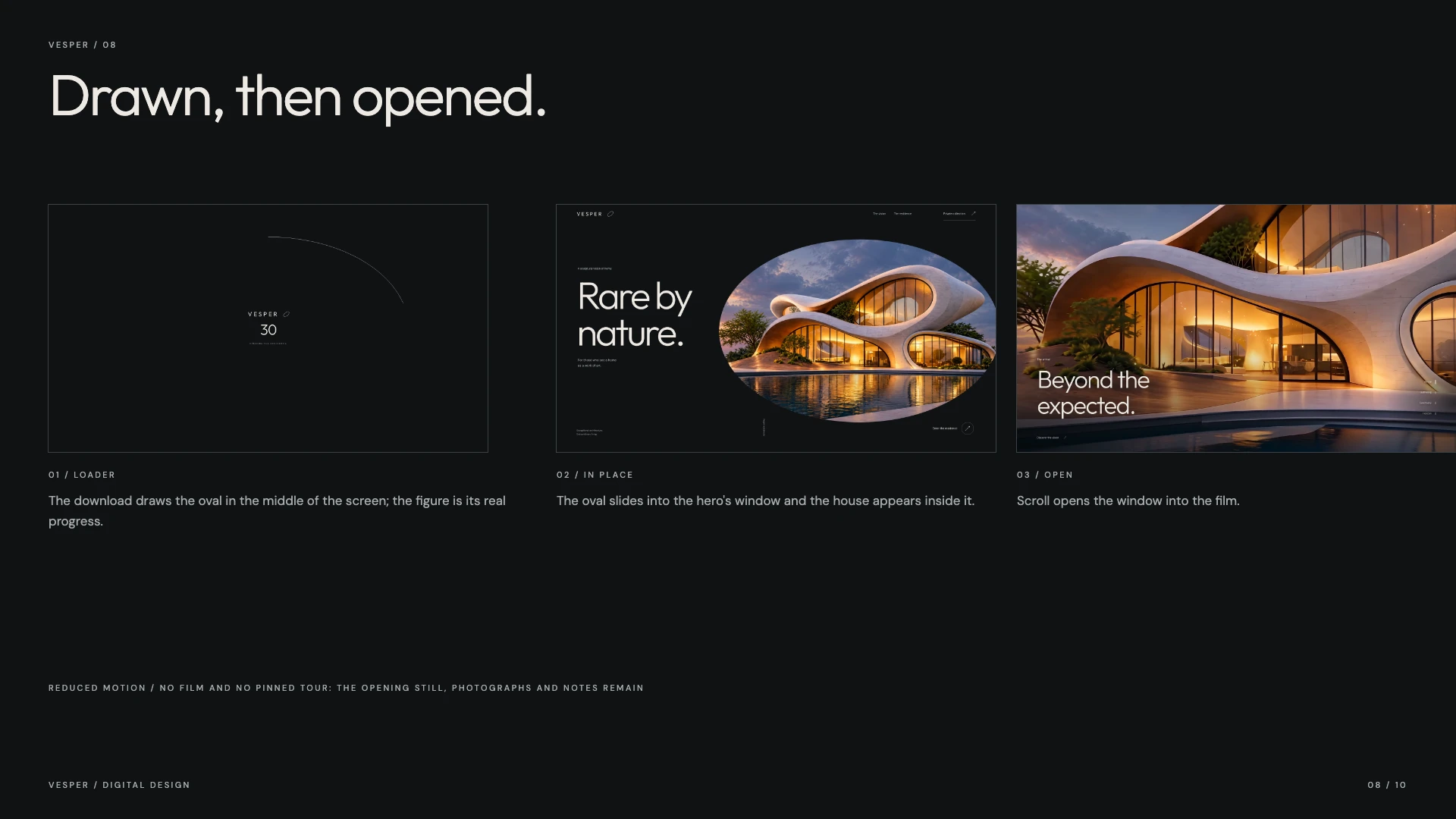 Three motions: the oval drawn by the download, the oval in place in the hero, and the window open.