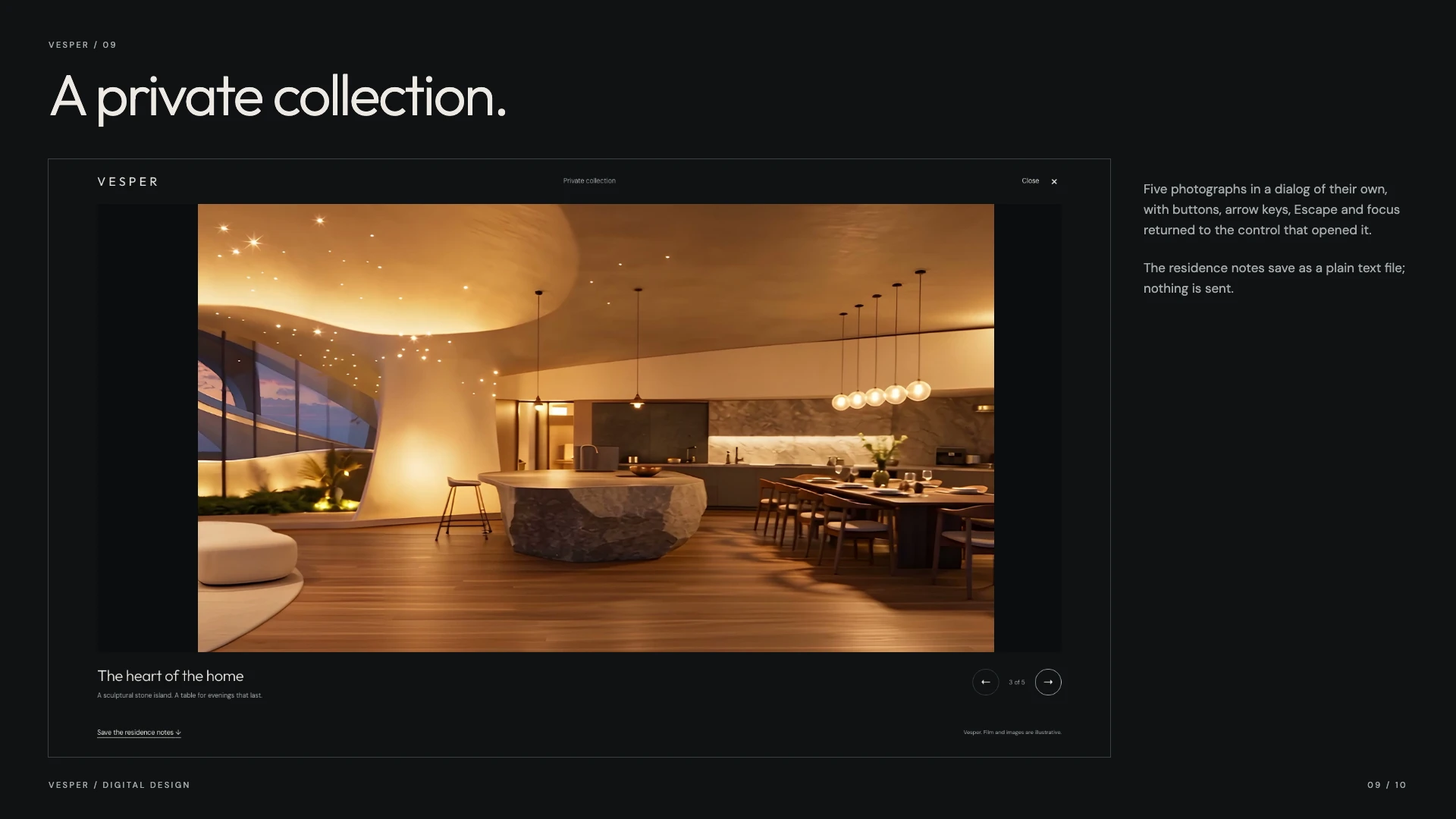 The Vesper private collection open on desktop: the kitchen and dining space at dusk, with its title, description and controls.