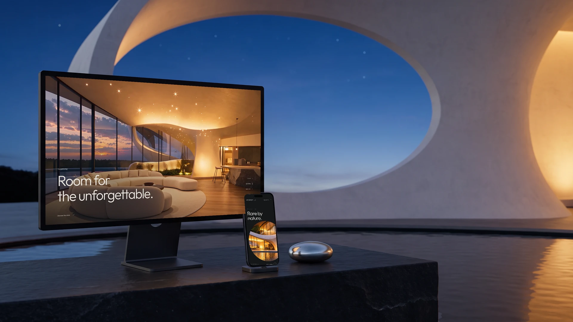 Illustrative closing mockup: a scene of the Vesper film on a monitor and the opening on a phone, on black stone beside a pool at night under a curved white wall.